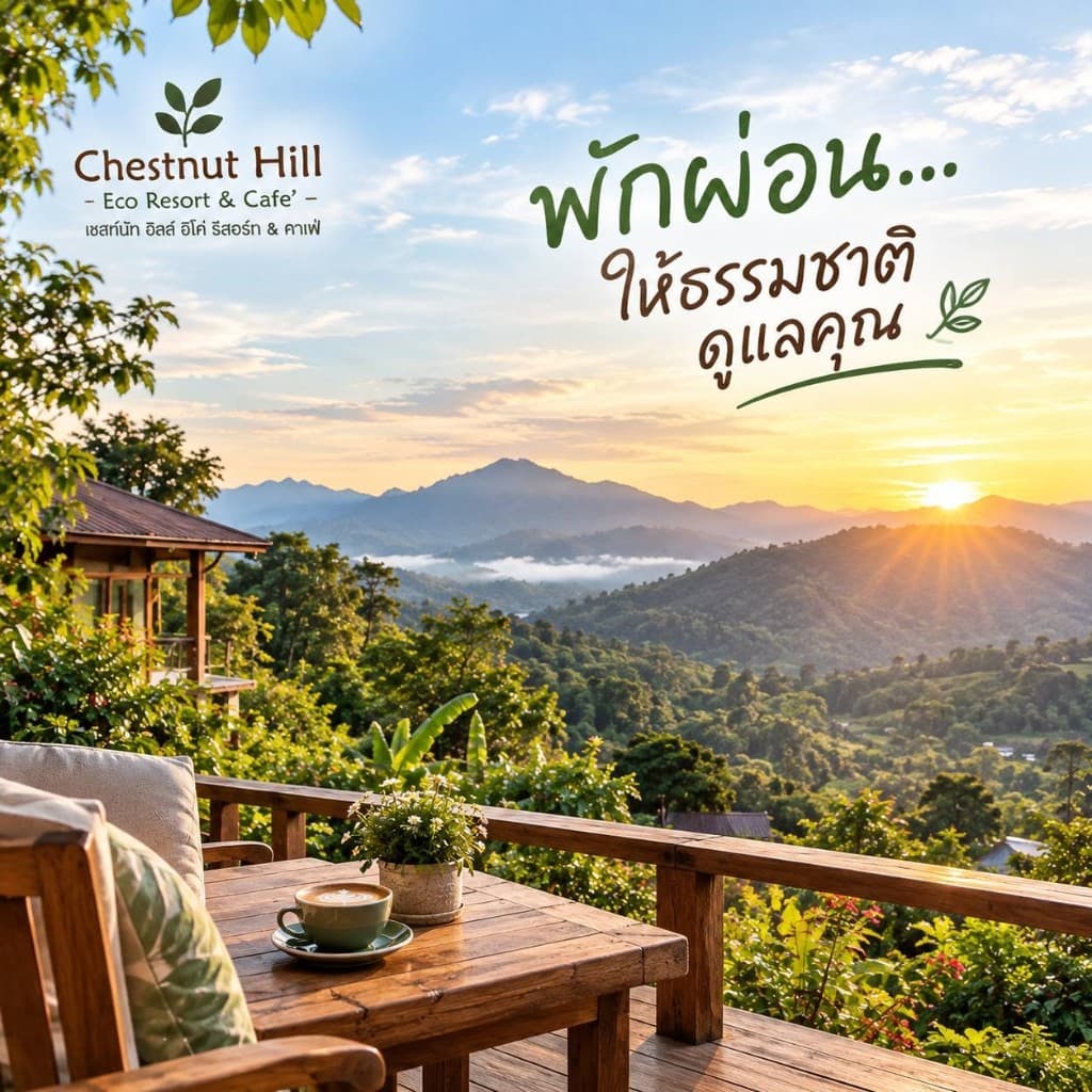 พระอาทิตย์ขึ้นเหนือภูเขา จากระเบียงกระท่อมไม้พร้อมกาแฟ